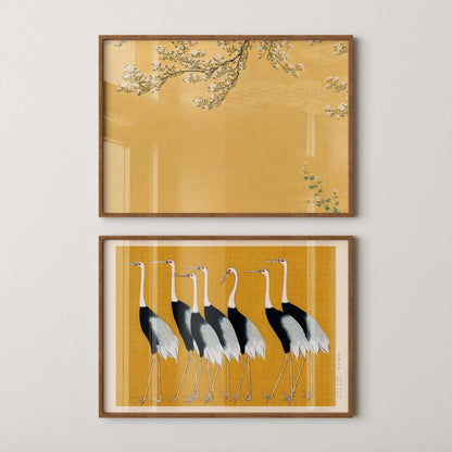 Estampes d'art de grues japonaises : Style Ukiyo-e, Duo Shin Hanga Jaune