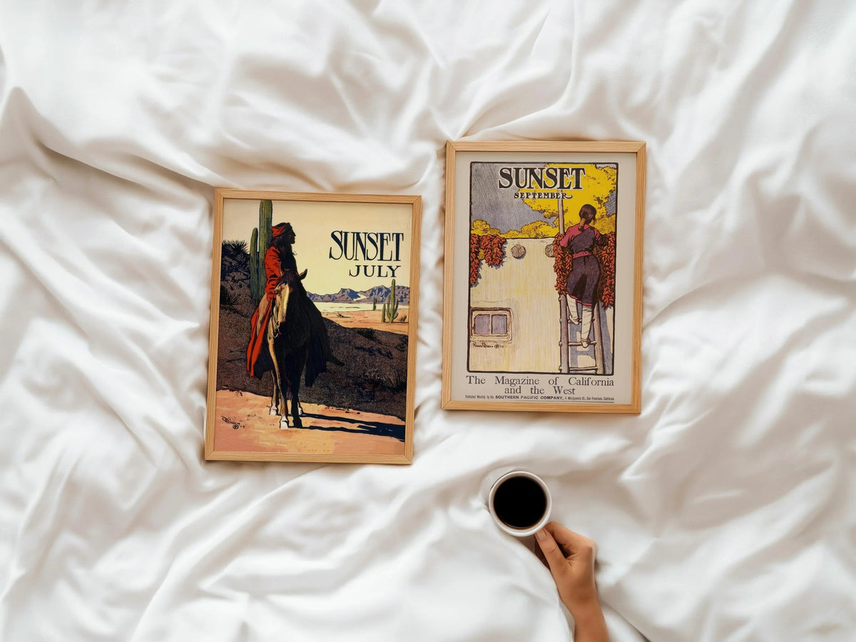 Estampe de couverture de Maynard Dixon pour le magazine Sunset : Cowboy occidental et art amérindien