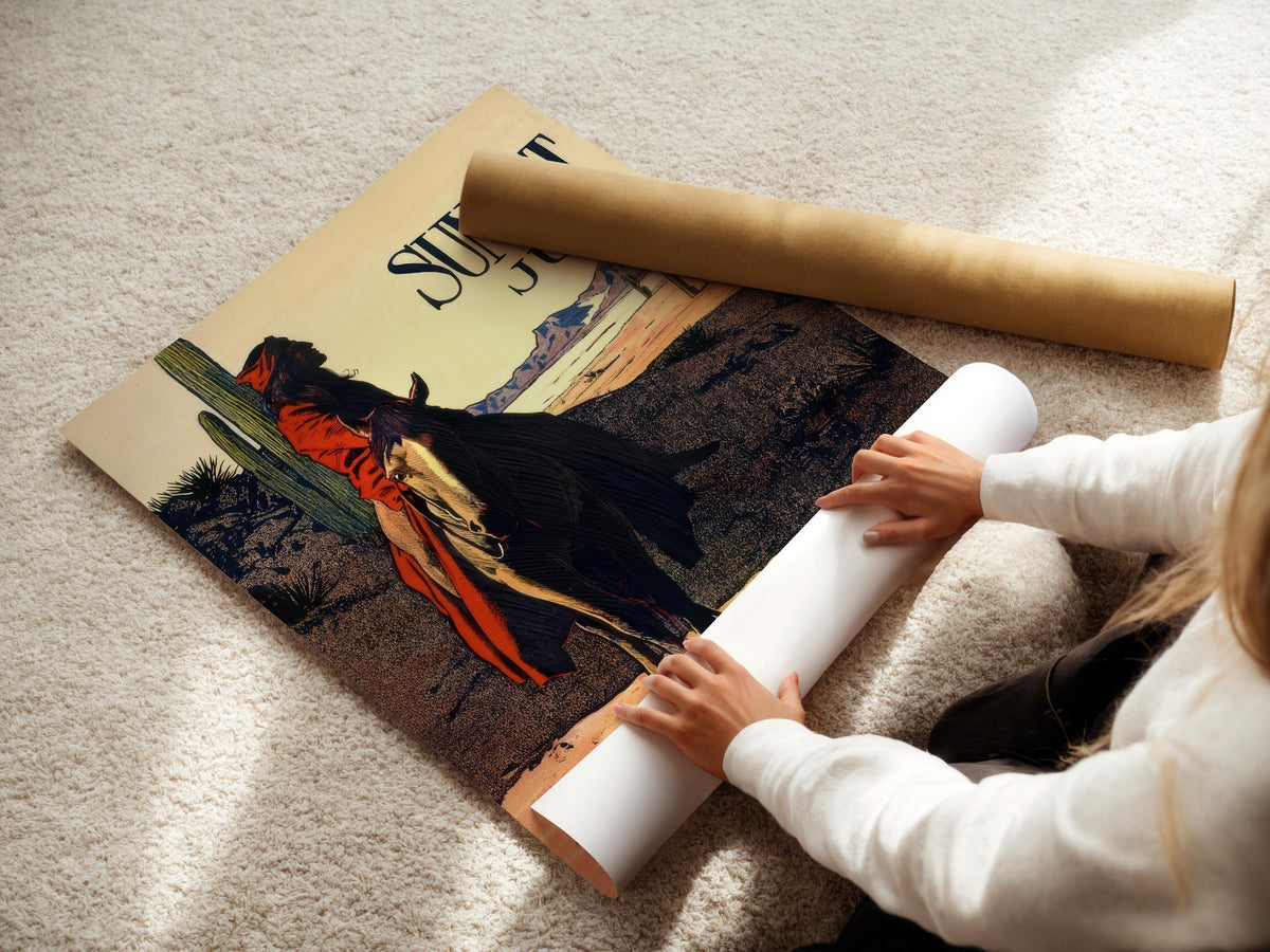 Estampe de couverture de Maynard Dixon pour le magazine Sunset : Cowboy occidental et art amérindien