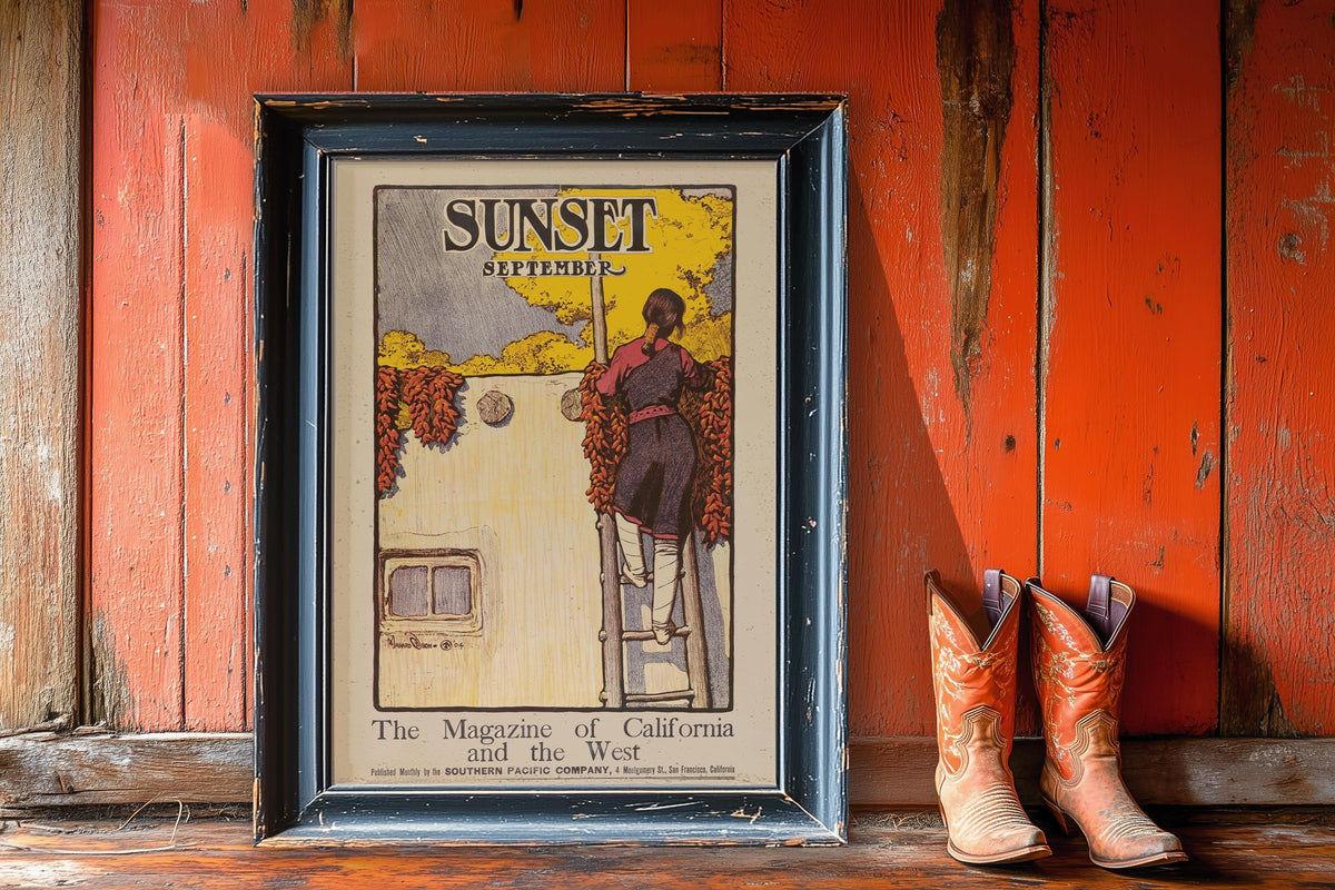 Estampe de couverture de Maynard Dixon pour le magazine Sunset : Cowboy occidental et art amérindien