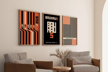 STATEMENT TRIO Bauhaus Black Orange Posters |Our Bestselling Mid-Century Modern Ausstellung Set | available framed