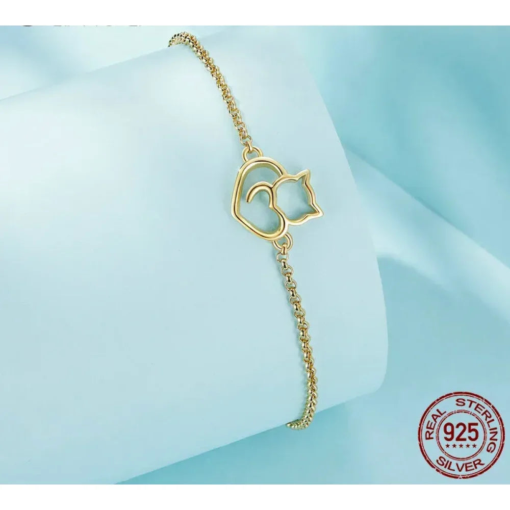 925 Sterling Silver Cat Heart Chain Bracelet