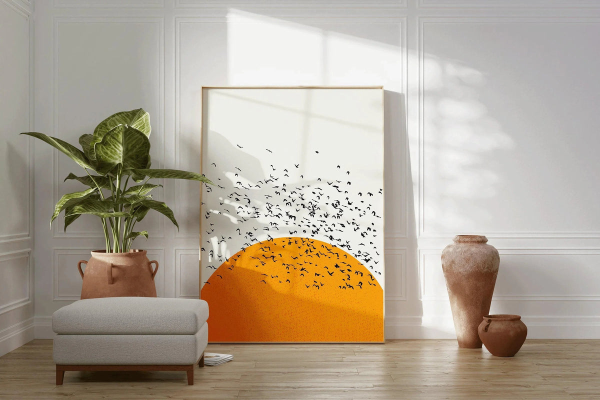 Sunset Birds Giclee Print: Retro Minimalist Art, Handframed Option
