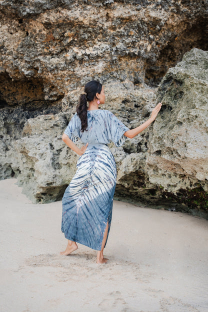 Robe longue Tie Dye Ombre en Lapis - Crème et Gris