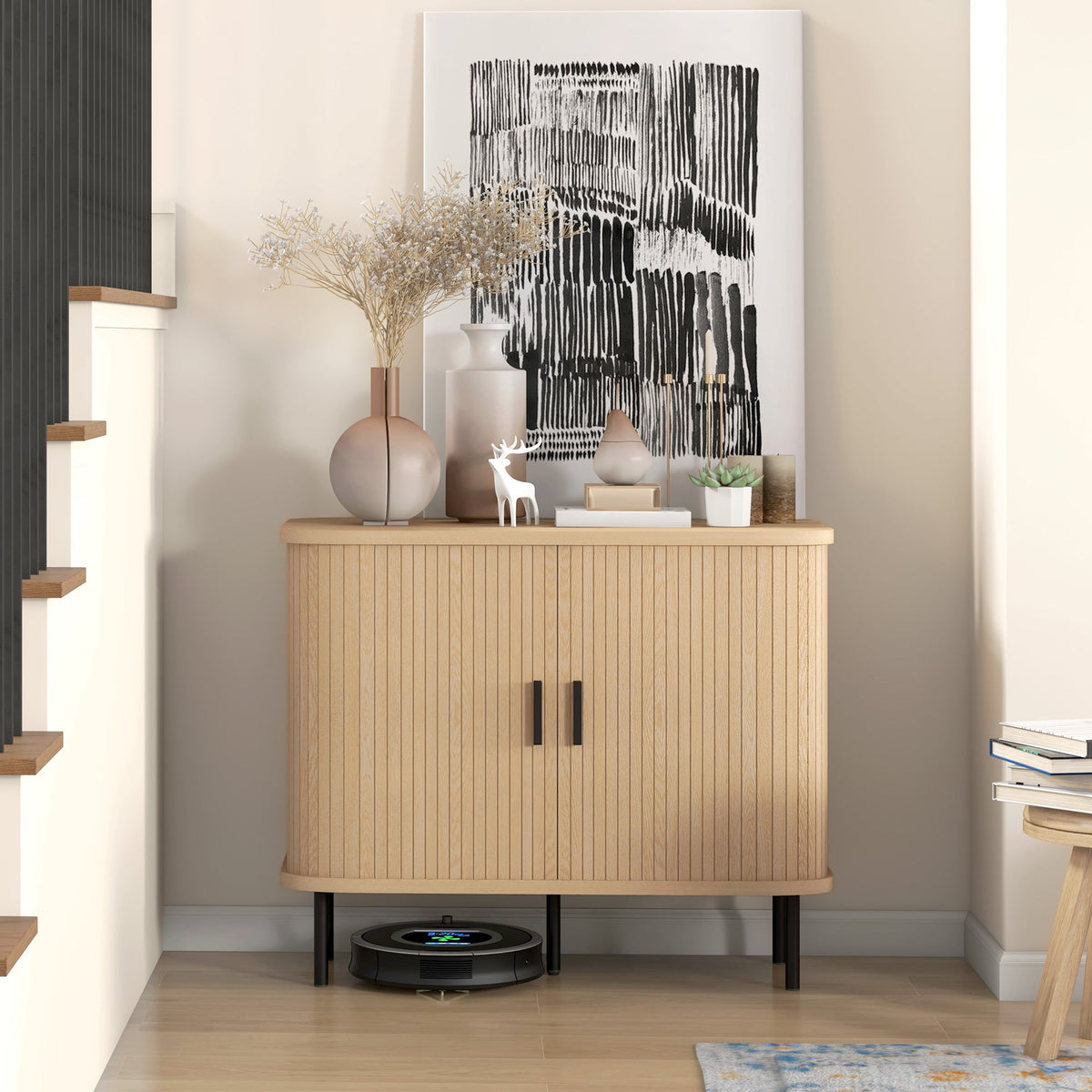 Bahut de 90 cm Aspen avec portes tambour à lattes - Chêne