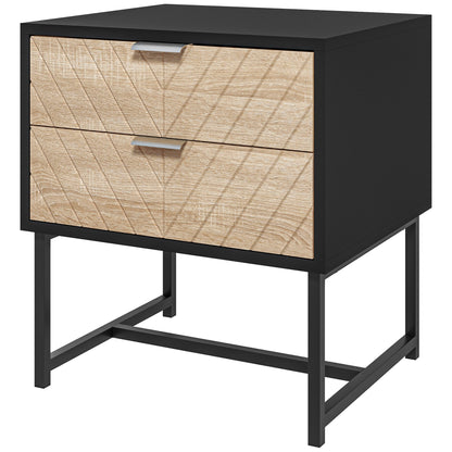 Table de chevet moderne Emery avec 2 tiroirs et pieds en acier-Noir/Chêne