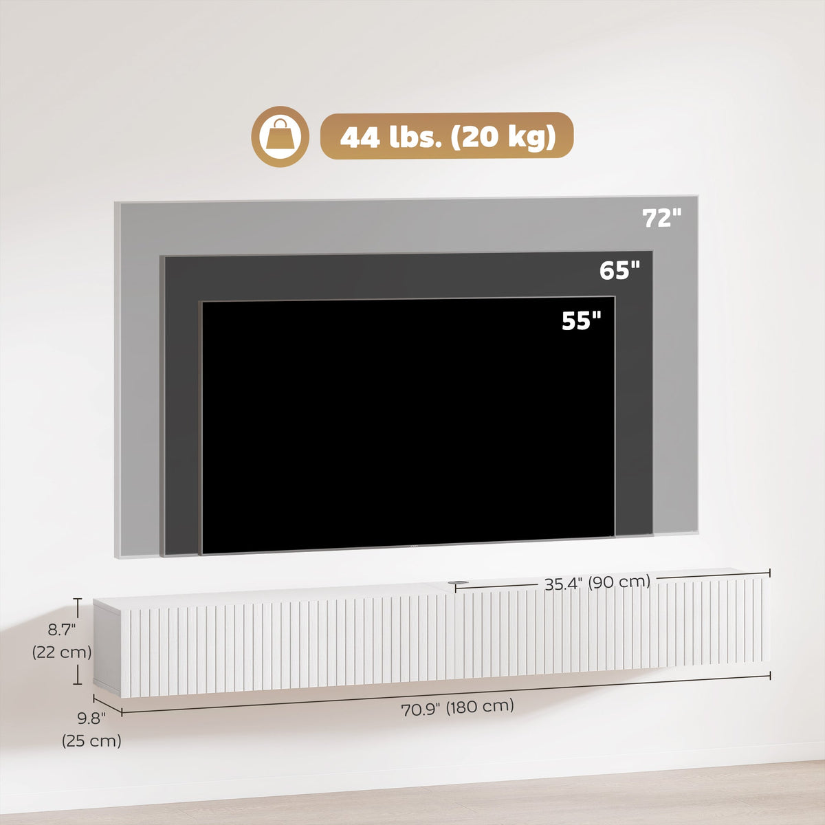 Jesse 71" Floating TV Stand with 2 Fluted Flip-Down Doors for TVs up to 75"-White