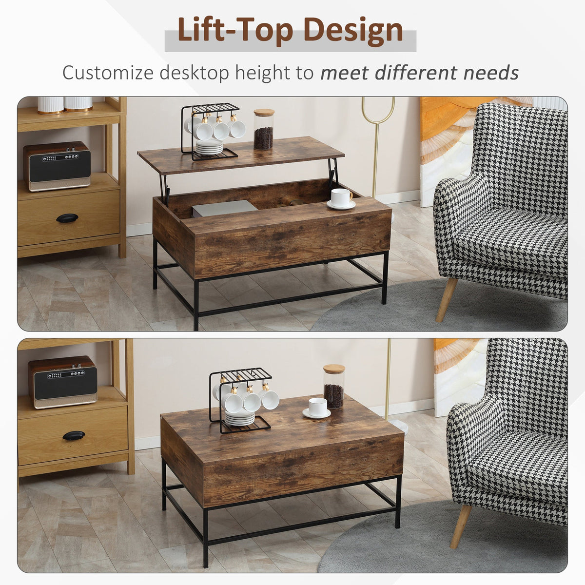 Reese Lift Top Coffee Table with Hidden Storage Compartment-Rustic Brown